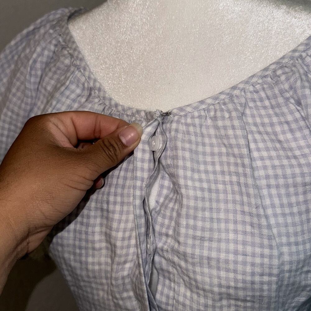 J. Crew Cottage Dress Women's 00 Blue White Gingham Linen Casual Puff Sleeve - Picture 7 of 10